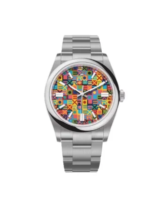 Rolex Oyster Perpetual Jubilee Motif 36mm (2026) — Oystersteel, colourful ROLEX motif dial — front view of the dial