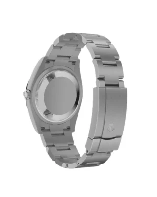 Rolex Oyster Perpetual Jubilee Motif 36mm (2026) — Oystersteel, colourful ROLEX motif dial — caseback view with bracelet and clasp