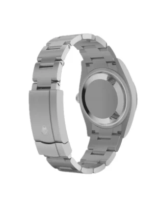 Rolex Oyster Perpetual Jubilee Motif 36mm (2026) — Oystersteel, colourful ROLEX motif dial — rear angled view of caseback and bracelet