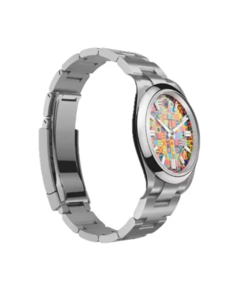 Rolex Oyster Perpetual Jubilee Motif 36mm (2026) — Oystersteel, colourful ROLEX motif dial — angled view highlighting bezel and dial