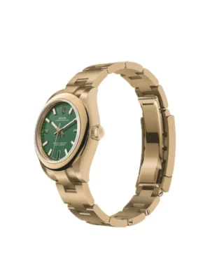Rolex Oyster Perpetual Solid Gold 28mm Yellow Gold (2026) — 18k yellow gold, green dial with natural stone markers — angled view with open clasp and bracelet