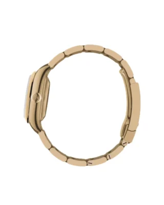 Rolex Oyster Perpetual Solid Gold 28mm Yellow Gold (2026) — 18k yellow gold, green dial with natural stone markers — side profile showing case thickness and…