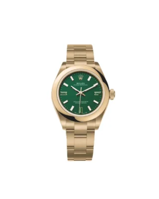 Rolex Oyster Perpetual Solid Gold 28mm Yellow Gold (2026) — 18k yellow gold, green dial with natural stone markers — front view of the dial