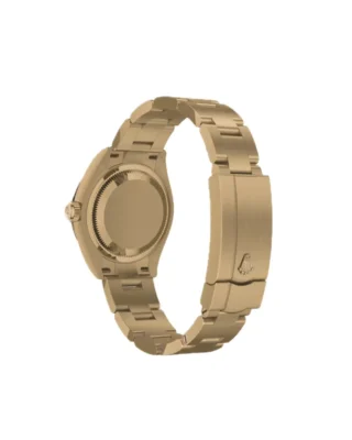 Rolex Oyster Perpetual Solid Gold 28mm Yellow Gold (2026) — 18k yellow gold, green dial with natural stone markers — caseback view with bracelet and clasp