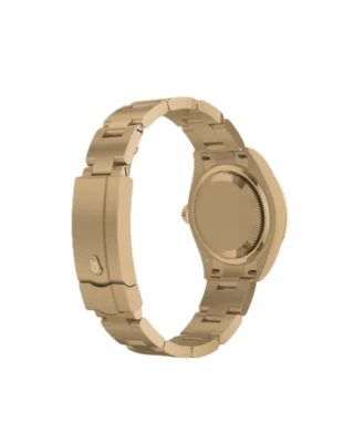 Rolex Oyster Perpetual Solid Gold 28mm Yellow Gold (2026) — 18k yellow gold, green dial with natural stone markers — rear angled view of caseback and bracelet