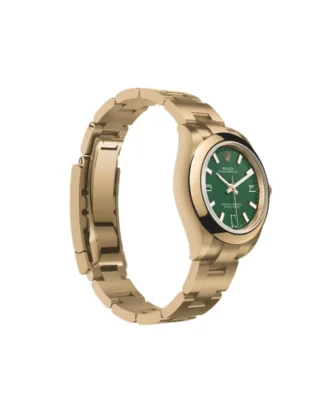 Rolex Oyster Perpetual Solid Gold 28mm Yellow Gold (2026) — 18k yellow gold, green dial with natural stone markers — angled view highlighting bezel and dial