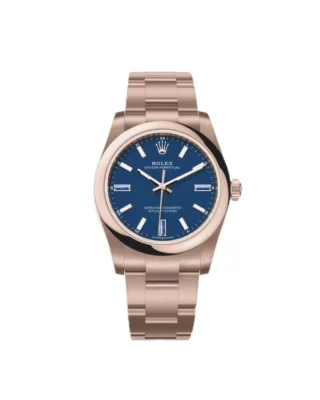 Rolex Oyster Perpetual Solid Gold 34mm Everose Gold (2026) — 18k Everose gold, blue dial with natural stone markers — front view of the dial