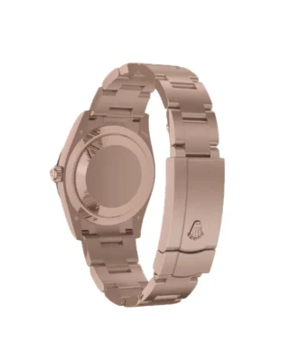 Rolex Oyster Perpetual Solid Gold 34mm Everose Gold (2026) — 18k Everose gold, blue dial with natural stone markers — caseback view with bracelet and clasp