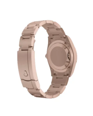 Rolex Oyster Perpetual Solid Gold 34mm Everose Gold (2026) — 18k Everose gold, blue dial with natural stone markers — rear angled view of caseback and bracelet