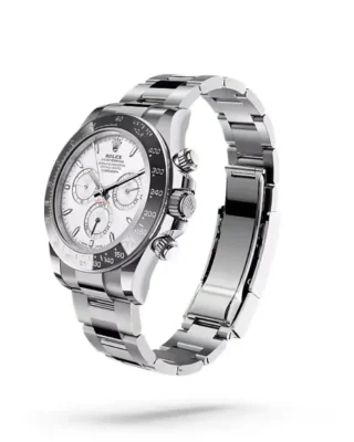 Rolex Cosmograph Daytona Rolesium Enamel Dial (2026) — Rolesium (Oystersteel and platinum), white enamel dial — angled view with open clasp and bracelet