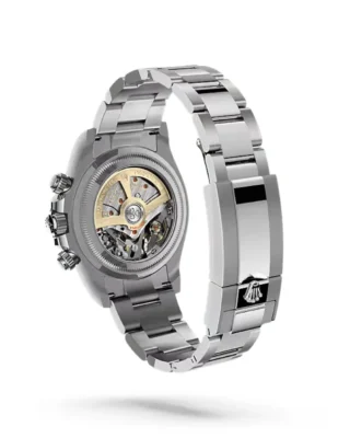 Rolex Cosmograph Daytona Rolesium Enamel Dial (2026) — Rolesium (Oystersteel and platinum), white enamel dial — caseback view with bracelet and clasp