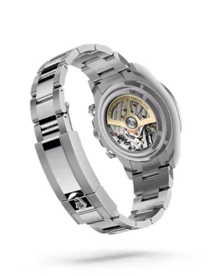 Rolex Cosmograph Daytona Rolesium Enamel Dial (2026) — Rolesium (Oystersteel and platinum), white enamel dial — rear angled view of caseback and bracelet