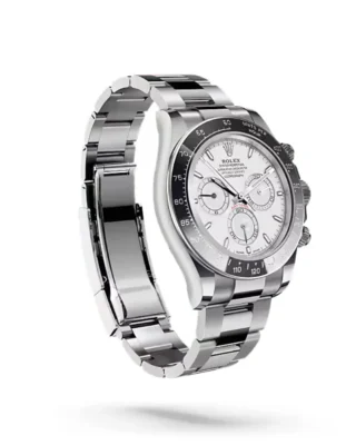 Rolex Cosmograph Daytona Rolesium Enamel Dial (2026) — Rolesium (Oystersteel and platinum), white enamel dial — angled view highlighting bezel and dial