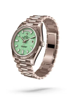 Rolex Day‑Date 40 Jubilee Gold Aventurine Dial (2026) — Jubilee Gold, light green aventurine stone dial — angled view with open clasp and bracelet
