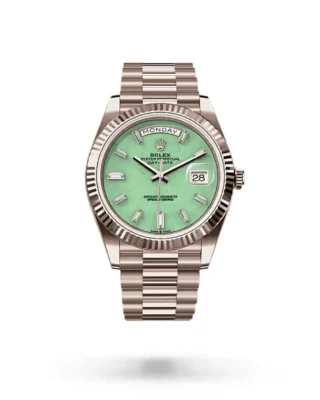 Rolex Day‑Date 40 Jubilee Gold Aventurine Dial (2026) — Jubilee Gold, light green aventurine stone dial — front view of the dial