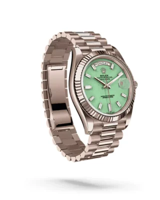 Rolex Day‑Date 40 Jubilee Gold Aventurine Dial (2026) — Jubilee Gold, light green aventurine stone dial — angled view highlighting bezel and dial