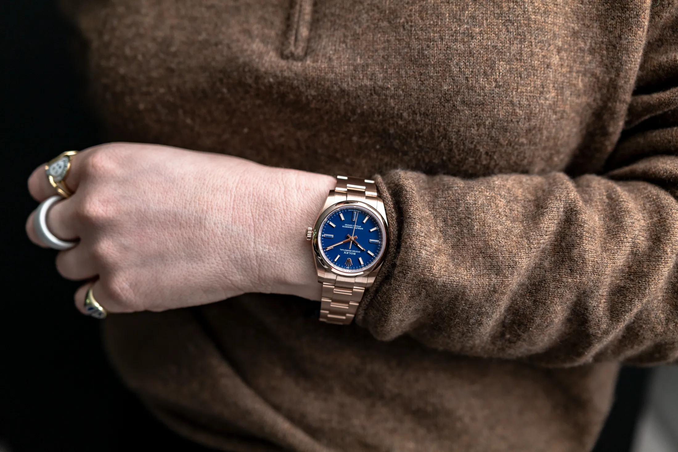 Rolex Oyster Perpetual 34 in 18-carat Everose gold displayed on the wrist