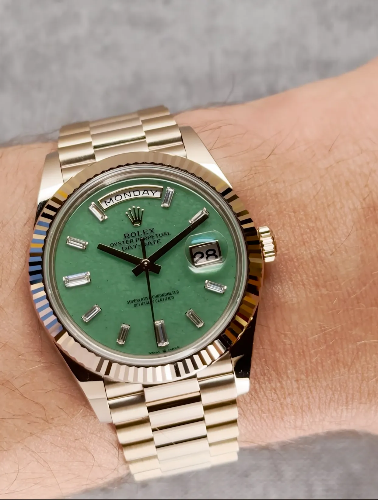 Rolex Day-Date 40 Jubilee Gold and Aventurine Dial close up