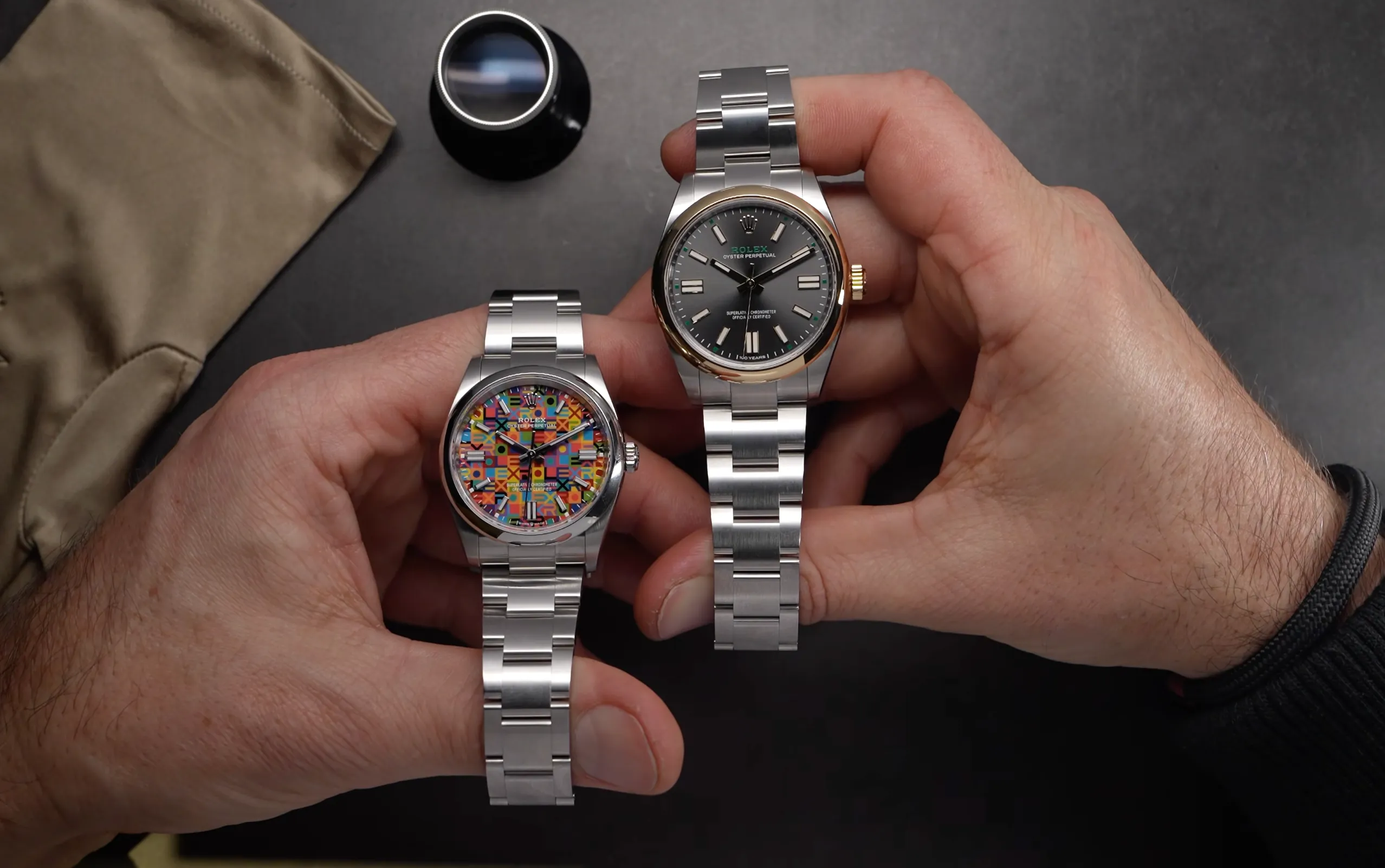 Rolex Oyster Perpetual 41 “100 Years” in Yellow Rolesor and Rolex Oyster Perpetual Jubilee Motif Celebration Dial close up