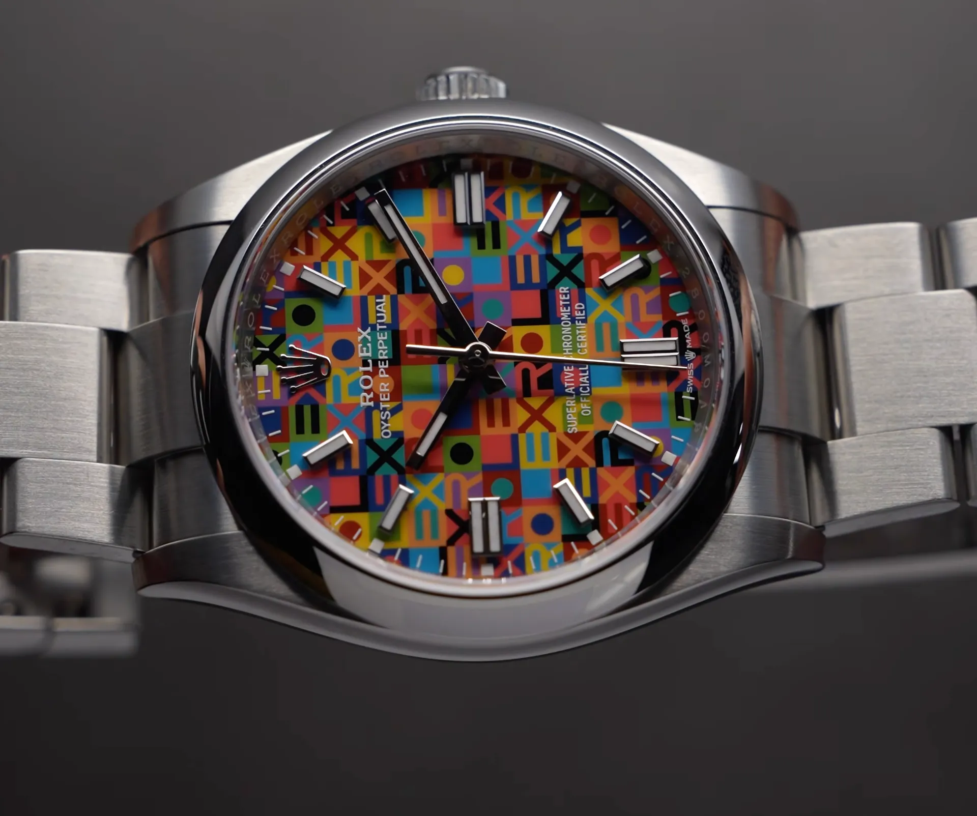 Rolex Oyster Perpetual Jubilee Motif Celebration Dial close up