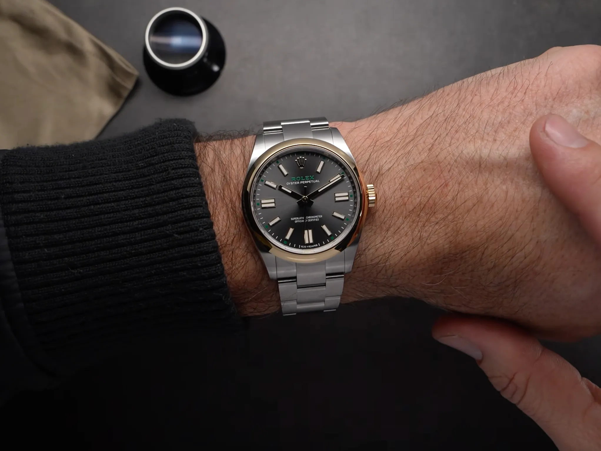 Rolex Oyster Perpetual 41 “100 Years” in Yellow Rolesor displayed on the wrist