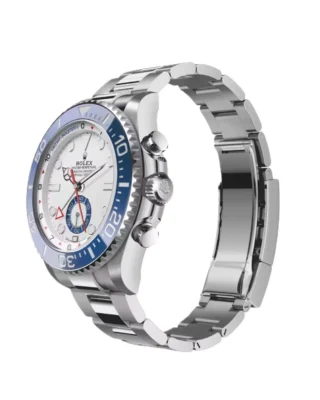 Rolex Yacht‑Master II Oystersteel 44mm (2026 Refresh) — Oystersteel, matte white dial with blue Cerachrom bezel — angled view with open clasp and bracelet