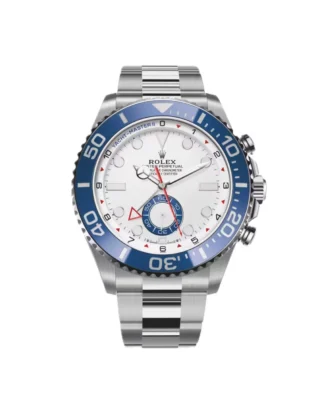 Rolex Yacht‑Master II Oystersteel 44mm (2026 Refresh) — Oystersteel, matte white dial with blue Cerachrom bezel — front view of the dial