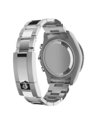 Rolex Yacht‑Master II Oystersteel 44mm (2026 Refresh) — Oystersteel, matte white dial with blue Cerachrom bezel — rear angled view of caseback and bracelet