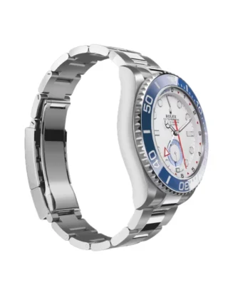 Rolex Yacht‑Master II Oystersteel 44mm (2026 Refresh) — Oystersteel, matte white dial with blue Cerachrom bezel — angled view highlighting bezel and dial