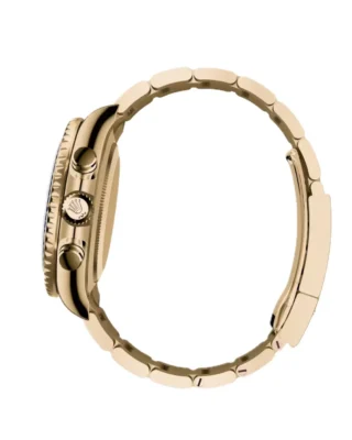 Rolex Yacht‑Master II Yellow Gold 44mm (2026 Refresh) — 18k yellow gold, matte white dial with blue Cerachrom bezel — side profile showing case thickness and…