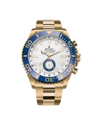 Rolex Yacht‑Master II Yellow Gold 44mm (2026 Refresh) — 18k yellow gold, matte white dial with blue Cerachrom bezel — front view of the dial