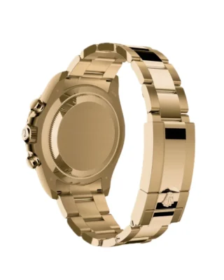 Rolex Yacht‑Master II Yellow Gold 44mm (2026 Refresh) — 18k yellow gold, matte white dial with blue Cerachrom bezel — caseback view with bracelet and clasp