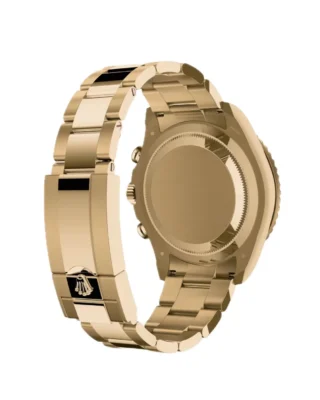 Rolex Yacht‑Master II Yellow Gold 44mm (2026 Refresh) — 18k yellow gold, matte white dial with blue Cerachrom bezel — rear angled view of caseback and bracelet