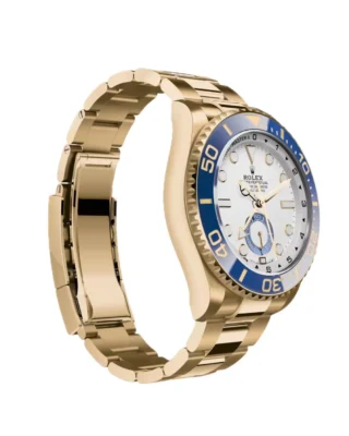 Rolex Yacht‑Master II Yellow Gold 44mm (2026 Refresh) — 18k yellow gold, matte white dial with blue Cerachrom bezel — angled view highlighting bezel and dial