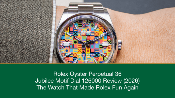 Rolex Oyster Perpetual 36 ref 126000 Jubilee Motif Dial 2026 review featured image with branded text overlay
