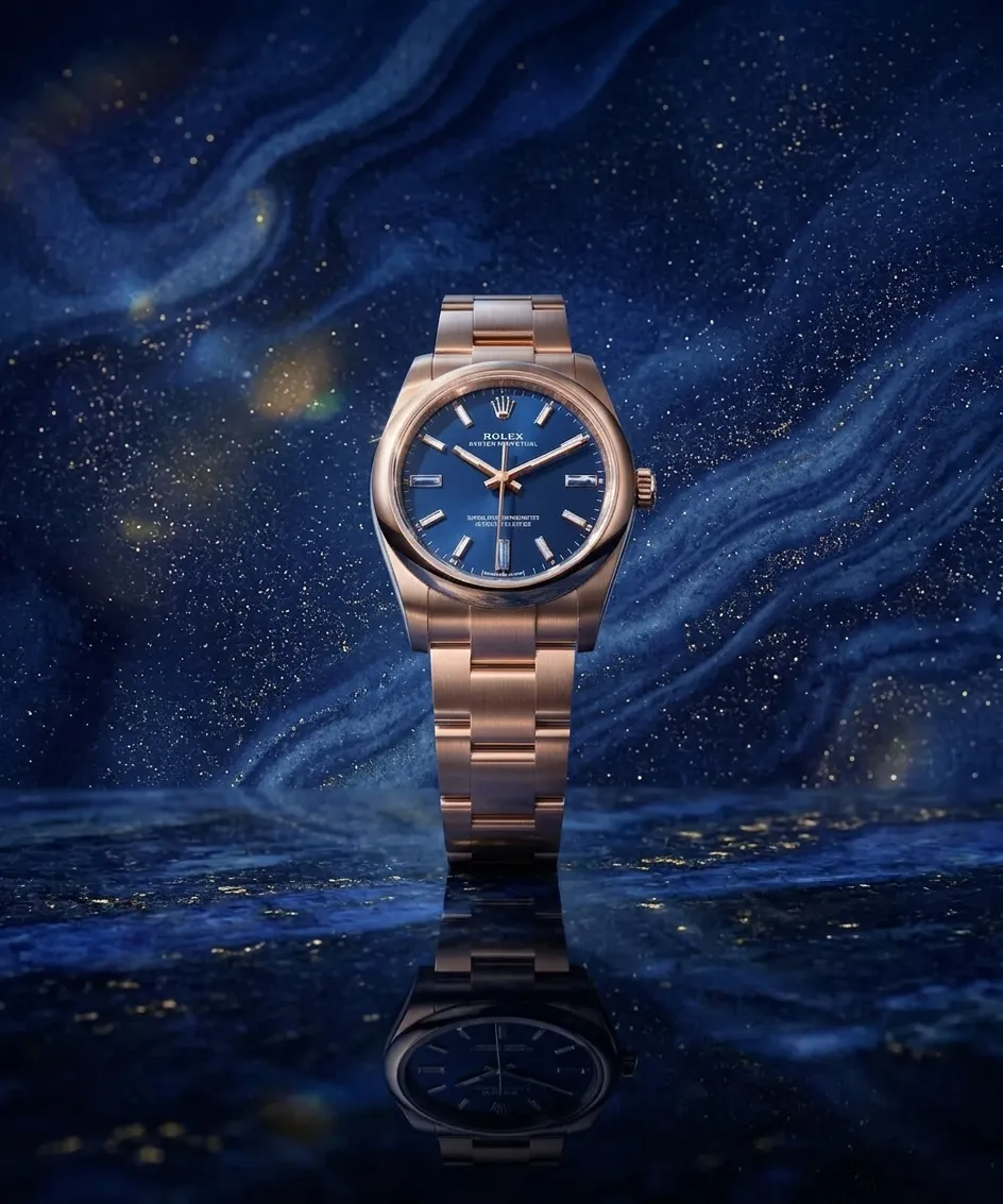 Rolex Oyster Perpetual 34 in 18-carat Everose gold on a blue abstract background