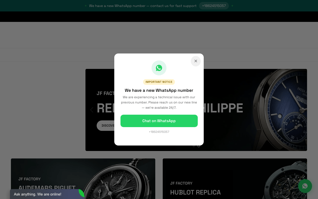 JFFactory.net homepage screenshot showing replica Rolex watch listings