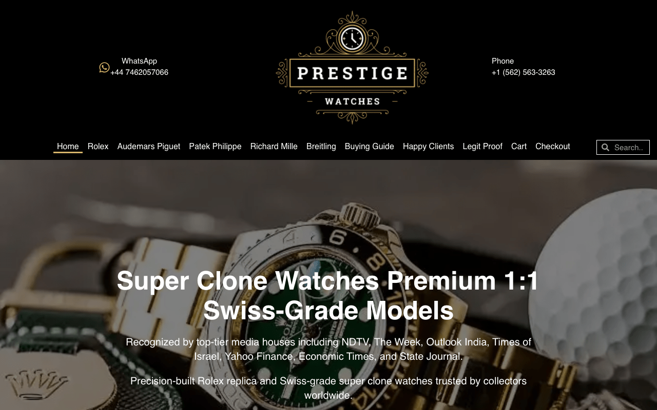 PrestigeWatches.co homepage screenshot showing super clone Rolex catalog