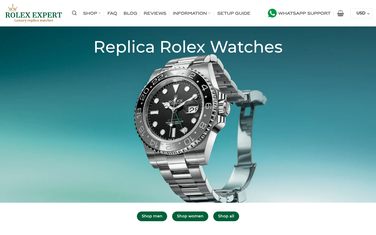 ReplicaRolexExpert.io homepage screenshot showing super clone Rolex collection
