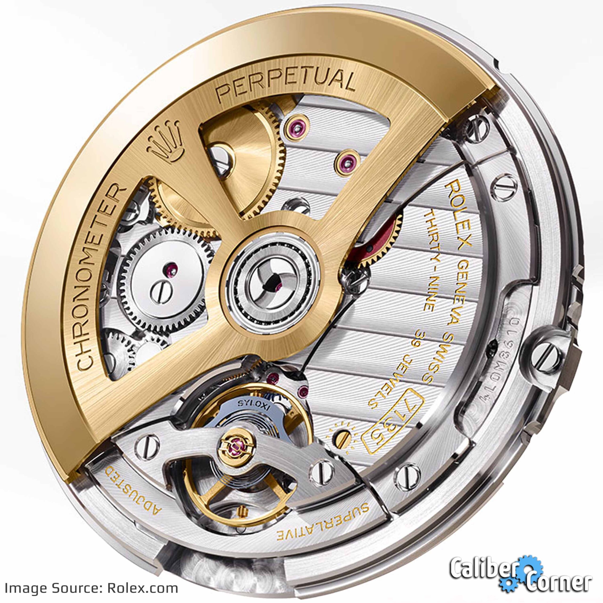 Rolex Caliber 7135 movement with 5 Hz frequency and Dynapulse escapement visible