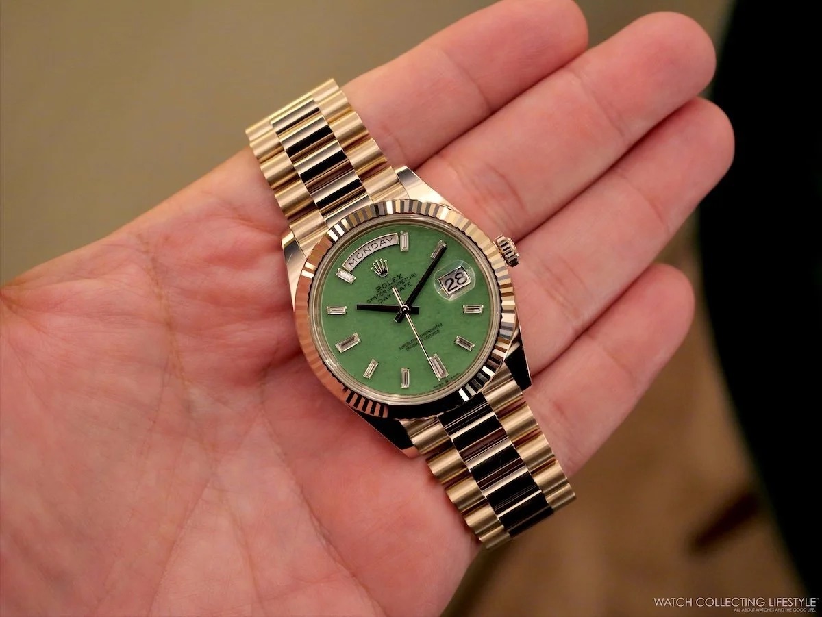 Rolex Day-Date 40 Jubilee Gold green aventurine dial front view 2026