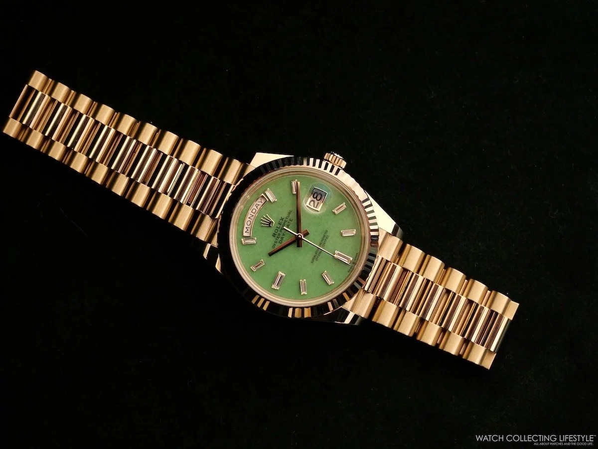 Rolex Day-Date 40 green aventurine dial side profile showing fluted bezel