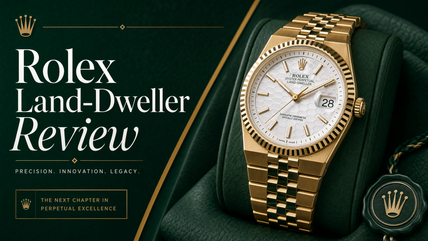 Rolex Land-Dweller review featured image showing the watch with gold and green brand palette