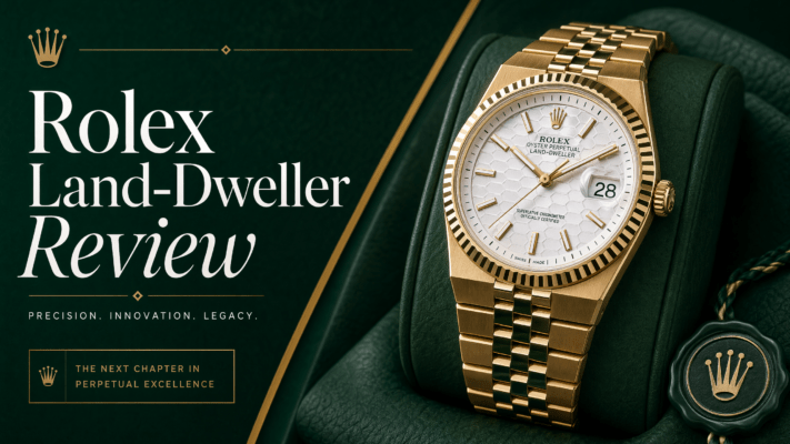 Rolex Land-Dweller review featured image showing the watch with gold and green brand palette