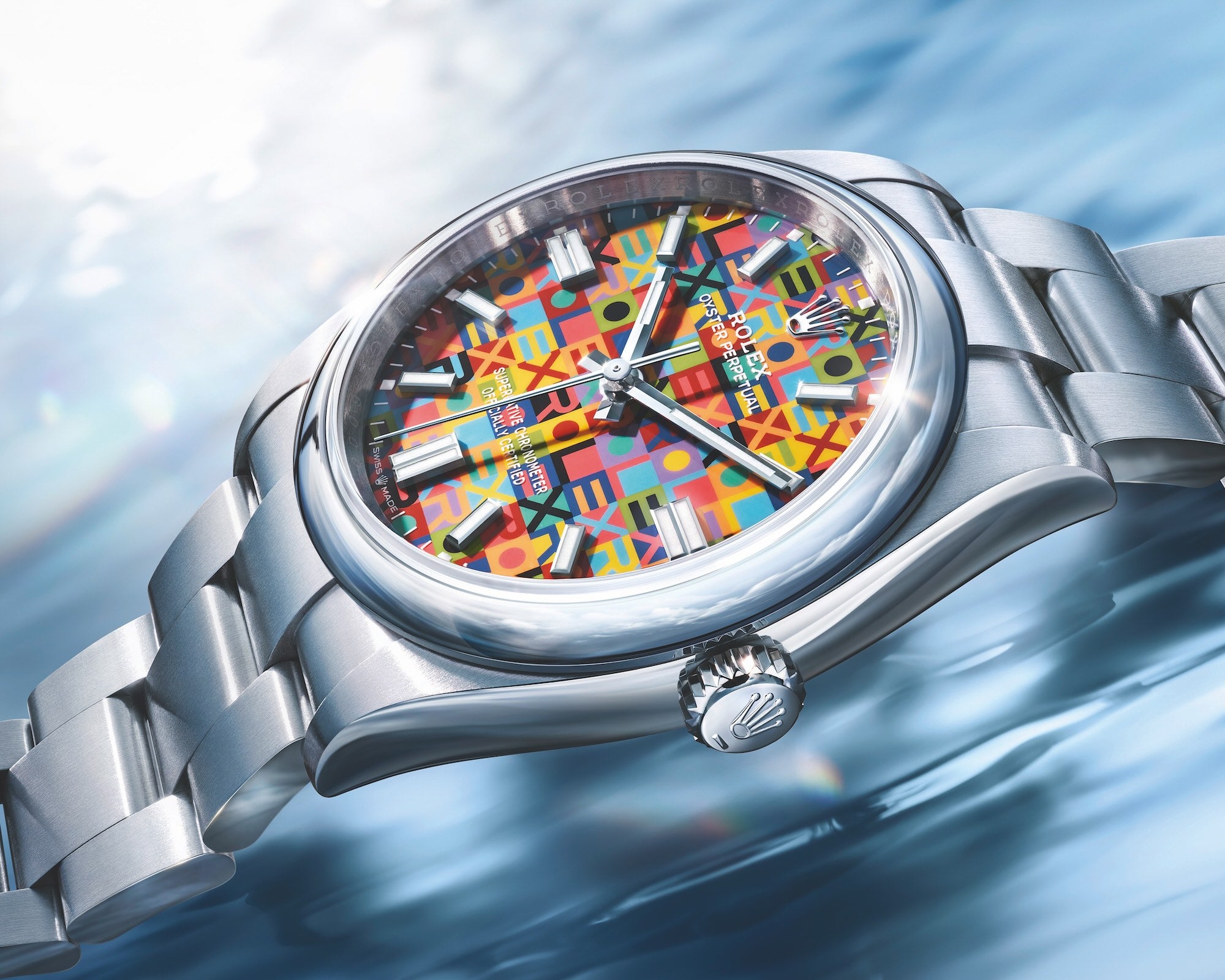 Rolex Oyster Perpetual 36 Jubilee Motif Dial 2026 hands-on editorial showing ten-color ROLEX text pattern