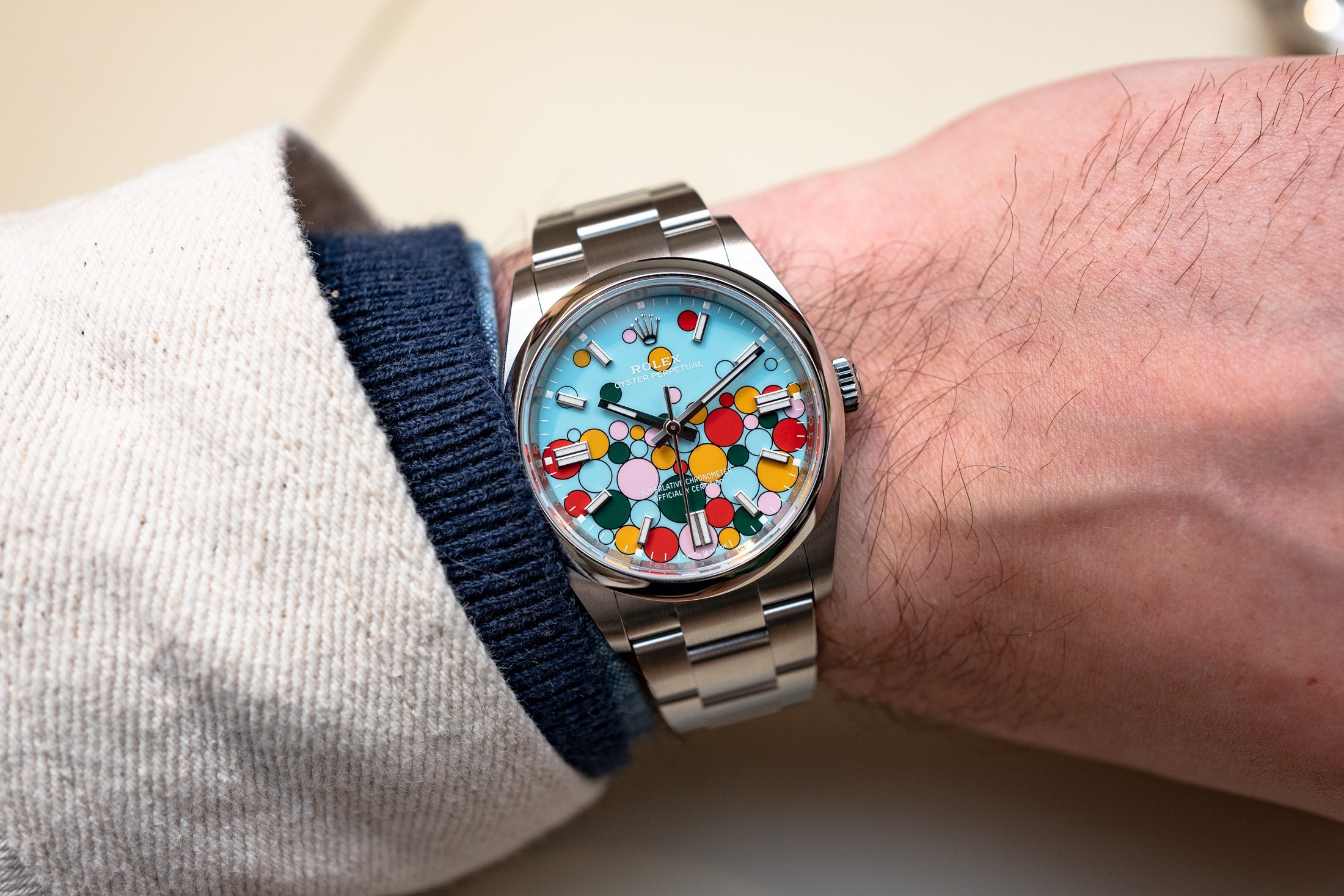 Rolex Oyster Perpetual Celebration dial with its signature bubble motif in multiple colors