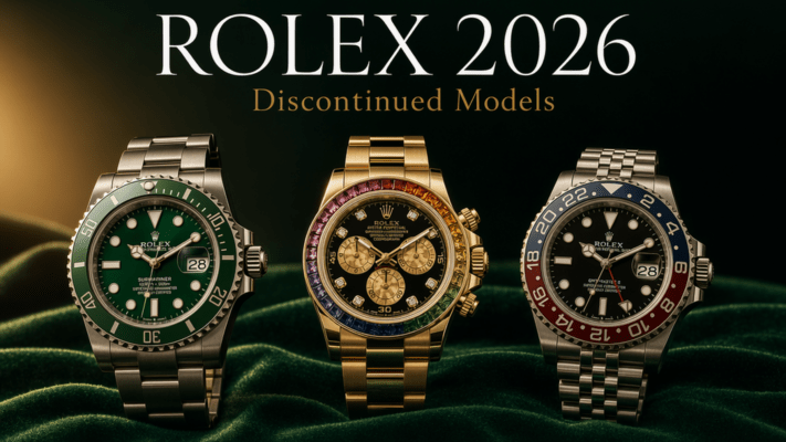 Discontinued Rolex models 2026 — Submariner Hulk, Daytona Rainbow, GMT-Master II Pepsi on dark velvet with gold lighting