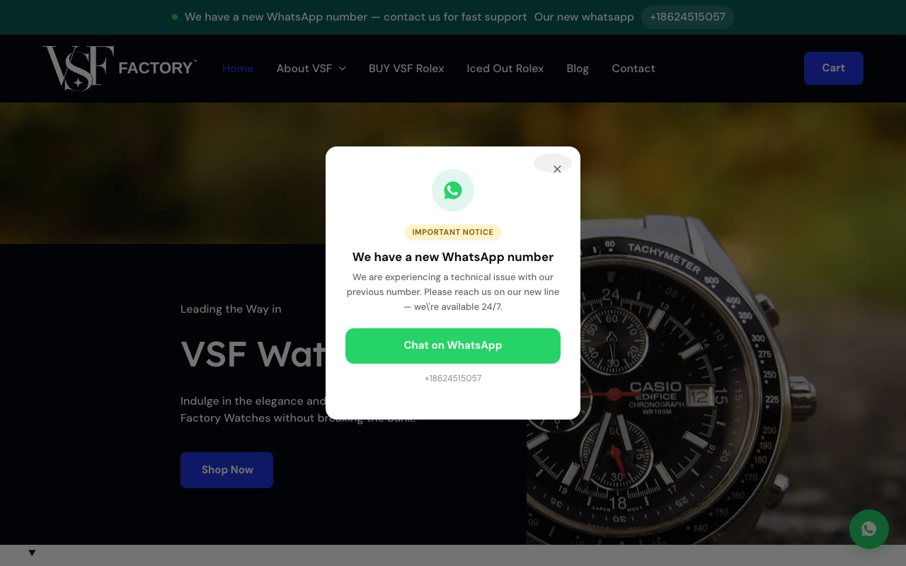 VSwatchFactory.com homepage screenshot showing super clone watch listings